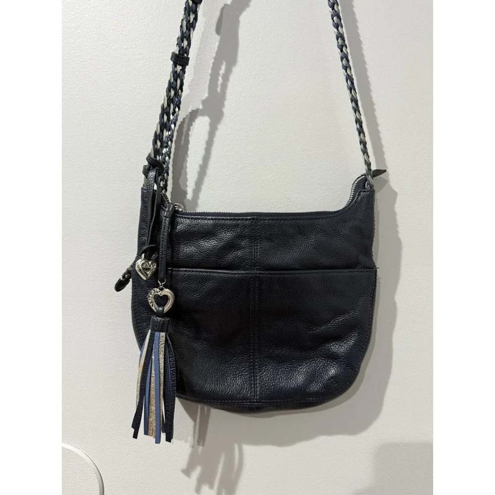 BRIGHTON BABY BARBADOS BLUE PEBBLED LEATHER ZIPTOP CROSSBODY SHOULDERBAG W